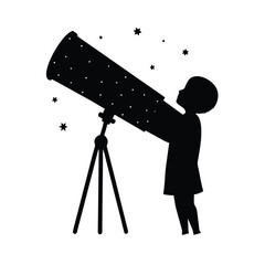 Silhouette of child looking through telescope at stars youth