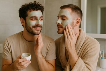 Two men enjoying a skincare ritual with face masks, promoting self care and bonding in a cozy bathroom setting