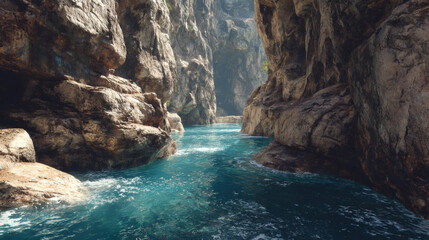 The river gracefully carves through the towering canyon walls, creating a beautiful natural landscape.