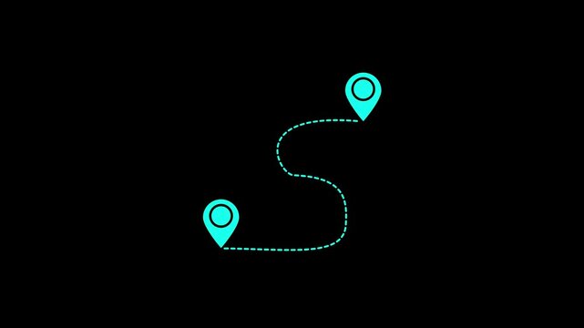 Animated destination, path, and route icon showing map, location pin, and dotted travel line for navigation, journey, and direction.GPS location pointer animated and locator icon.Two location point 