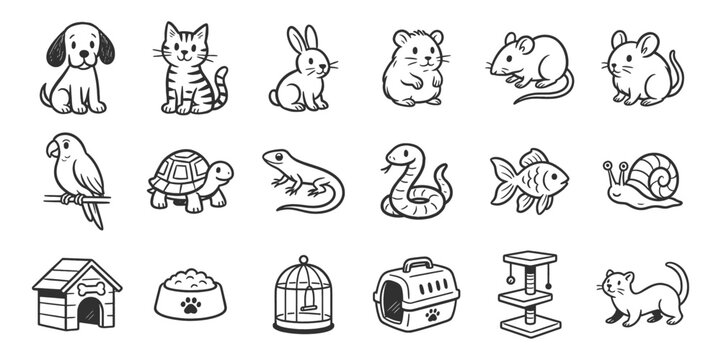 Pet animals doodle icon set. Cute hand drawn sketch illustrations of dog, cat, rabbit, fish, hamster, parrot. Black and white cartoon art for domestic pets. Vintage marker drawing collection.