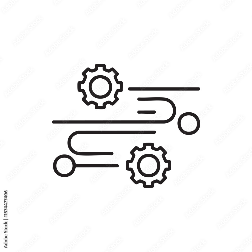 Poster gears and circles connected by winding lines.
