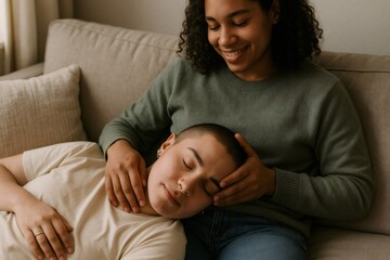 Young nonbinary couple relaxing together on a sofa at home, sharing moments of love and affection in a cozy, intimate setting