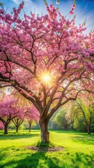 Naklejka premium Spring tree with blooming pink flowers in a garden surrounded by greenery and sunshine