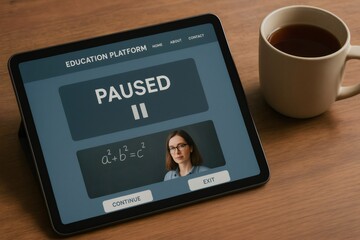 Online education platform paused on tablet next to coffee cup on wooden table, math formula and teacher portrait visible on screen