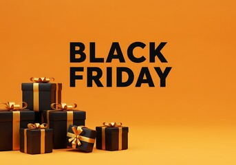 Black friday sale with gift boxes on orange background