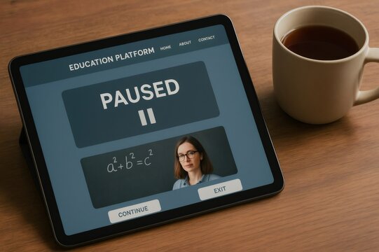 Online education platform paused on tablet next to coffee cup on wooden table, math formula and teacher portrait visible on screen - Powered by Adobe
