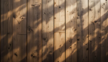 A detailed vertical arrangement of recycled wood planks, bathed in warm, dappled sunlight.