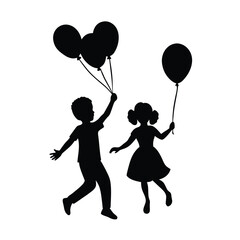 Silhouette of a boy and girl running with balloons on a white background racing