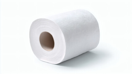 A close-up of a pristine white roll of toilet paper on a white background.