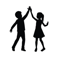 Silhouette of a boy and girl giving a high five on a white background children