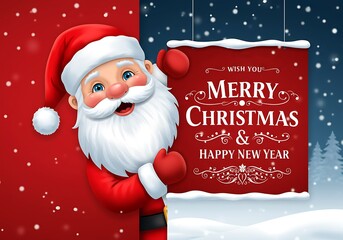 Santa holding a red sign wishing merry christmas and happy new year