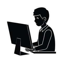 Black silhouette of a young person typing on a computer keyboard vector