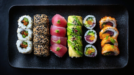 A vibrant assortment of sushi rolls, beautifully arranged and ready to enjoy.