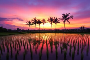 Obraz premium Breathtaking sunset over lush rice fields bali nature photography tranquil environment vibrant colors scenic viewpoint serene beauty