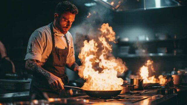 Culinary Symphony of Flame: A skilled chef meticulously orchestrates a fiery culinary display in a restaurant kitchen, encapsulating the raw energy and precision of professional cooking.