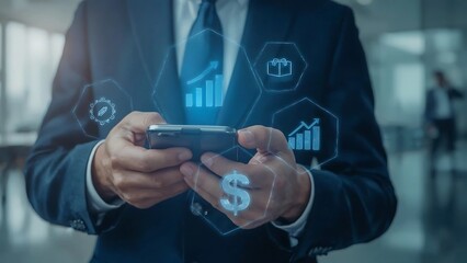 Businessman Using Smartphone for Financial Analysis and Growth