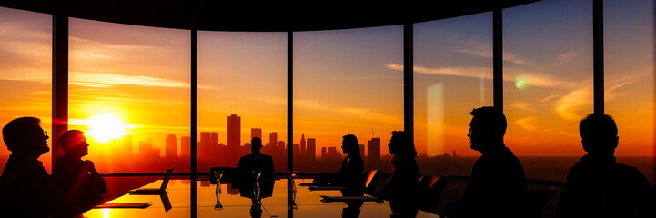 Obraz premium In a conference room, 7 businessmen are engaged in difficult negotiations at sunset