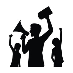 Silhouette of people with megaphone at protest raising fists in air rally demonstration