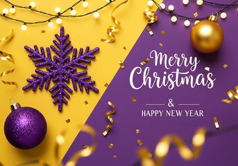 Purple snowflake and gold ornaments with christmas greetings