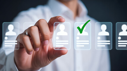 Person selecting a candidate from a digital list of profiles with a green checkmark