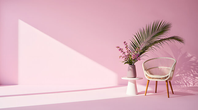 A minimal pink interior with a wicker chair, side table, tropical plant, and soft sunlight casting angular shadows