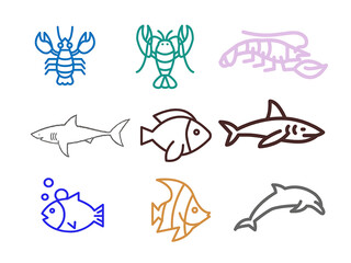 Set of fish silhouette sea fish line art vector icon on white background.