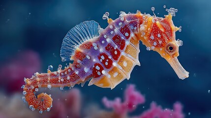 Vivid seahorse in a coral reef. Delicate and colorful with unique features and texture amid blurry background