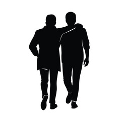 Black silhouette of two men walking arm in arm on a white background friends