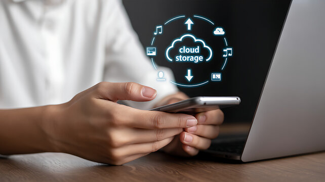 Person using smartphone and laptop with cloud storage technology interface displayed