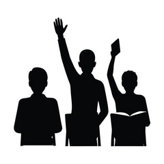 Three students in silhouette raising hands in a classroom setting education learning