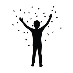 Silhouette of a young person with arms raised celebrating amidst falling confetti youth celebration