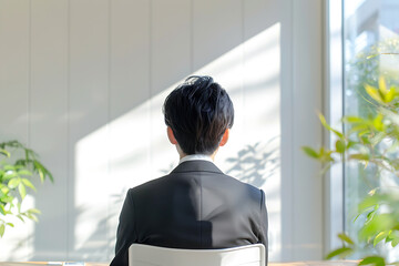 自然光が差し込む部屋で面接を待つ日本人男性の後ろ姿