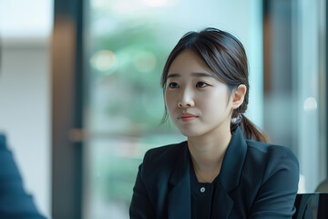 真剣な表情で面接を受ける日本人女性のクローズアップ