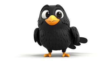 A cheerful, cartoon black bird stands against a plain white background.