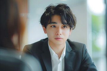 真剣な表情で面接に臨む若い日本人男性のクローズアップ