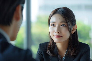 真剣な表情で面接を受ける日本人女性のクローズアップ