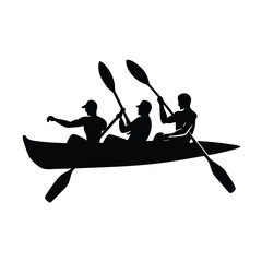 Three people kayaking together in a canoe on a white background Silhouette Art vector