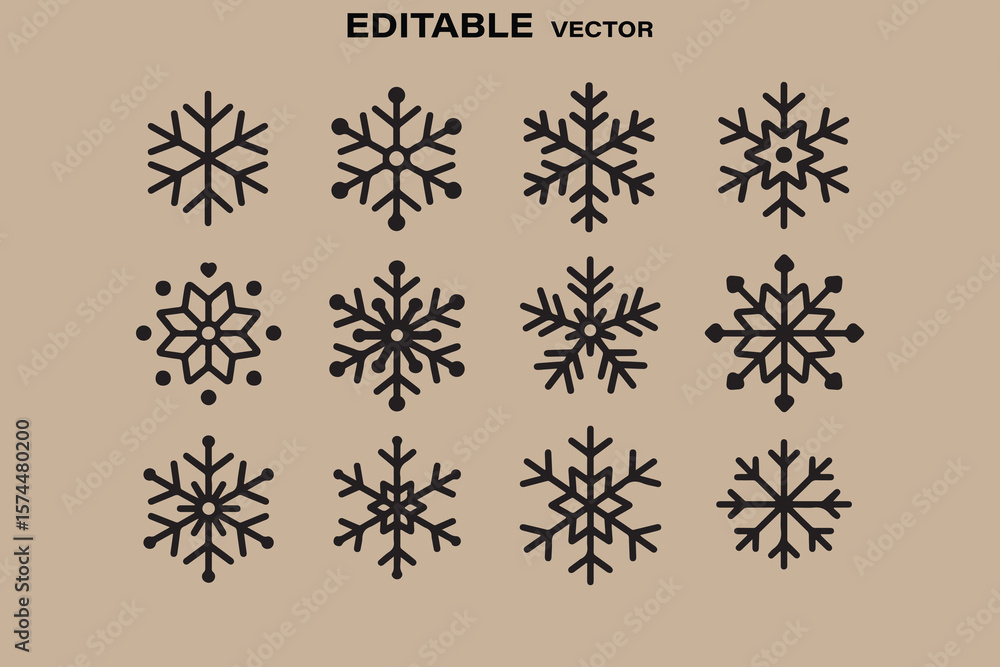 Poster collection of twelve unique black snowflake icons with editable vector format on a beige background