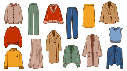 Hand Drawn Cozy Autumn Clothing Collection. Autumn Clothes for Women. Vector Illustrations