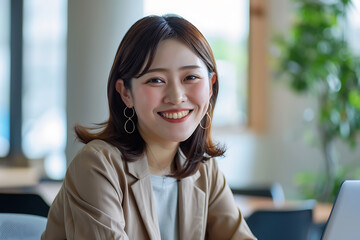 優しい笑顔の日本人女性ビジネスパーソン（ナチュラル背景）