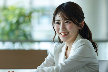 白いジャケットの女性ビジネスパーソンが微笑む室内シーン