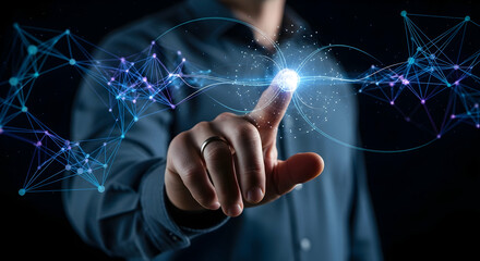 Obraz premium Hand pointing at abstract digital network