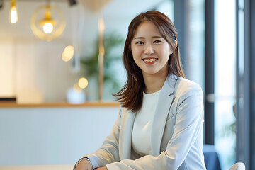 明るいオフィスで働く若手女性ビジネスパーソンの笑顔