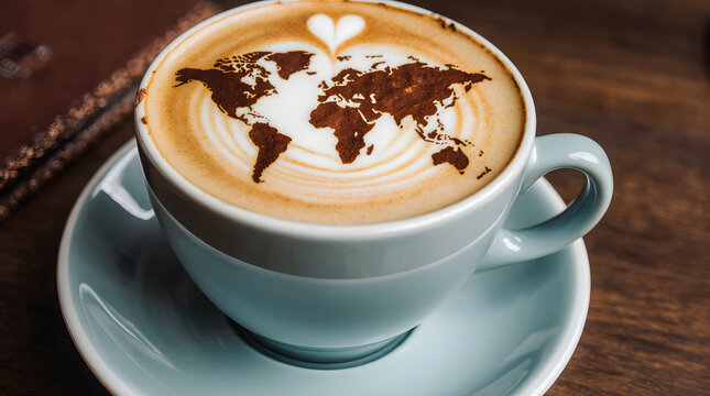 A cup of latte with world map latte art and a heart shape on top, placed on a wooden table