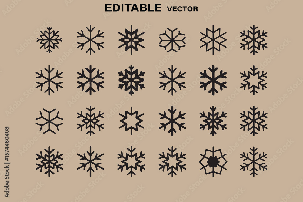 Poster collection of diverse black snowflake icons and symbols on a neutral background with editable vector