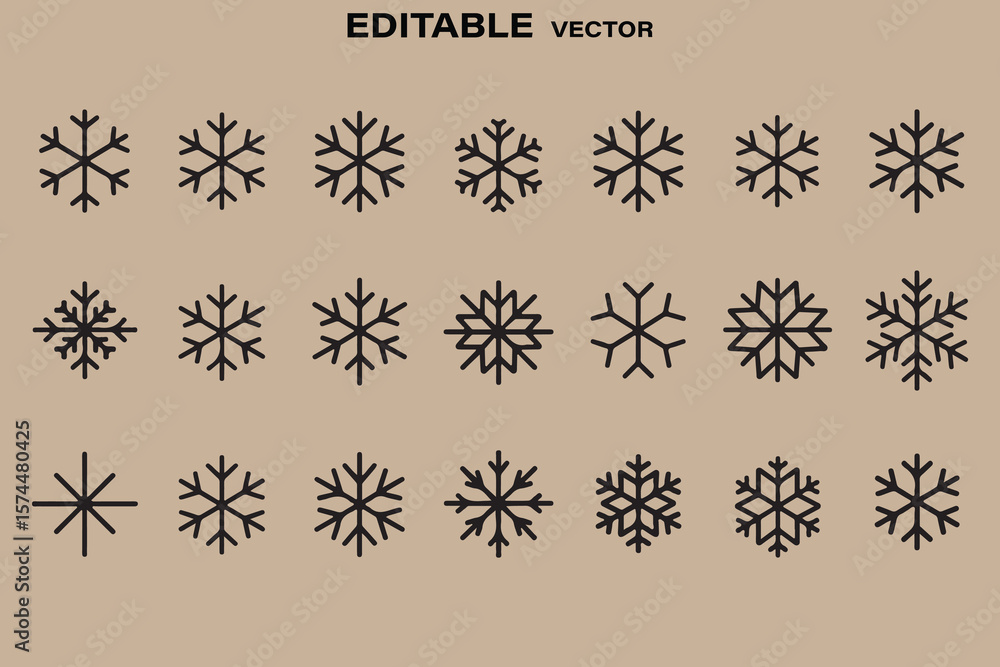 Poster collection of diverse black snowflake icons with editable vector graphics on a neutral background