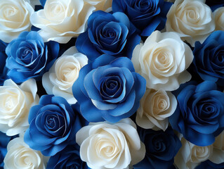 Blue and white roses arranged in harmonious pattern create visually striking and elegant display. contrast between deep blue and soft white petals adds touch of sophistication