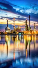 Soft glow of night light reflecting off calm river waters beside a petroleum refinery factory's industrial landscape at dusk