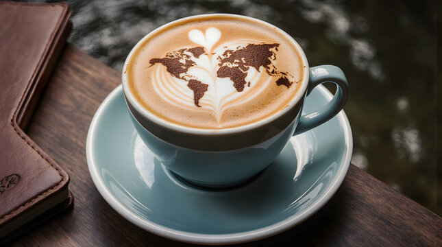 A cup of latte with world map latte art and a heart shape on top, placed on a wooden table